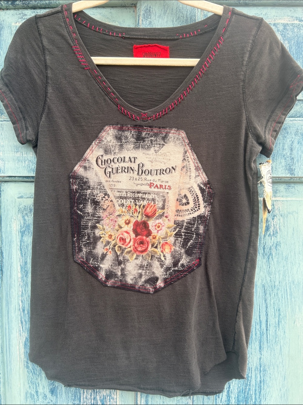 Upcycled floral Paris patched t shirt with hand embroidery